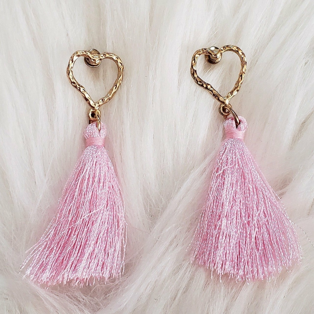 Pink tassle and heart earrings